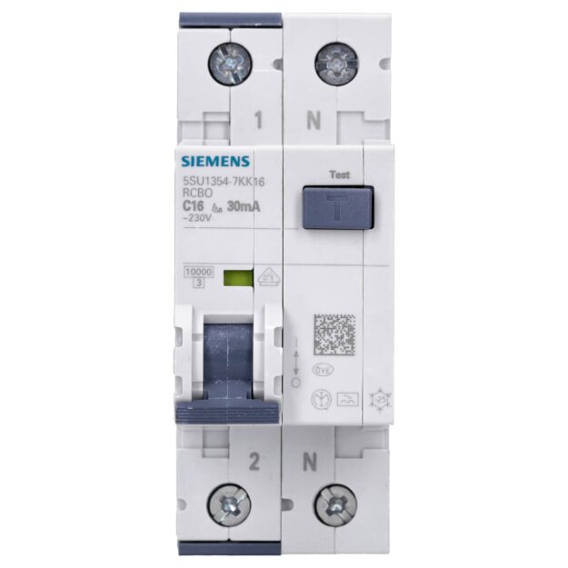 Siemens 5SU1354-7KK16 FI/LS-Schalter 10 kA 1P+N Typ A 30 mA C-Char In: 16 A Un AC: 230 V