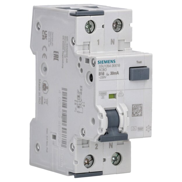Siemens 5SU1354-3KK16 FI/LS-Schalter 10 kA 1P+N Typ F kurzzeitverzögert K 30 mA B-Char In: 16 A