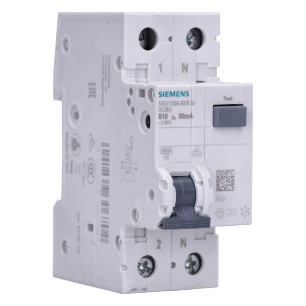 Siemens 5SU1356-6KK10 FI/LS-Schalter 6 kA 1P+N Typ A 30 mA B-Char In: 10 A Un AC: 230 V