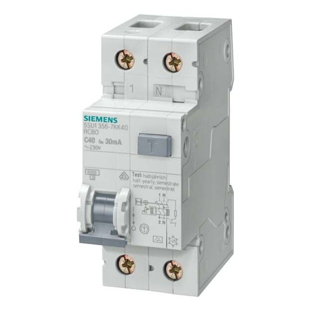 Siemens 5SU1356-6KK20 FI/LS-Schalter 6 kA 1P+N Typ A 30 mA B-Char In: 20 A Un AC: 230 V