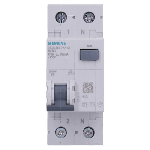 Siemens 5SU1356-7KK10 FI/LS-Schalter 6 kA 1P+N Typ A 30 mA C-Char In: 10 A Un AC: 230 V