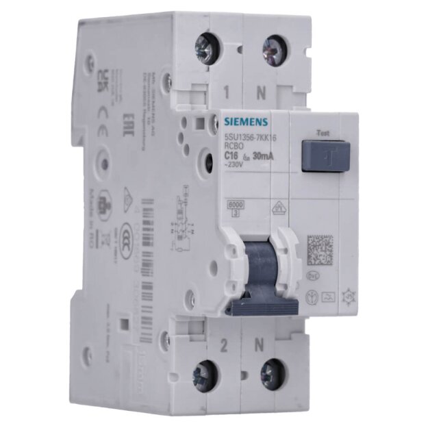 Siemens 5SU1356-7KK16 FI/LS-Schalter 6 kA 1P+N Typ A 30 mA C-Char In: 16 A Un AC: 230 V