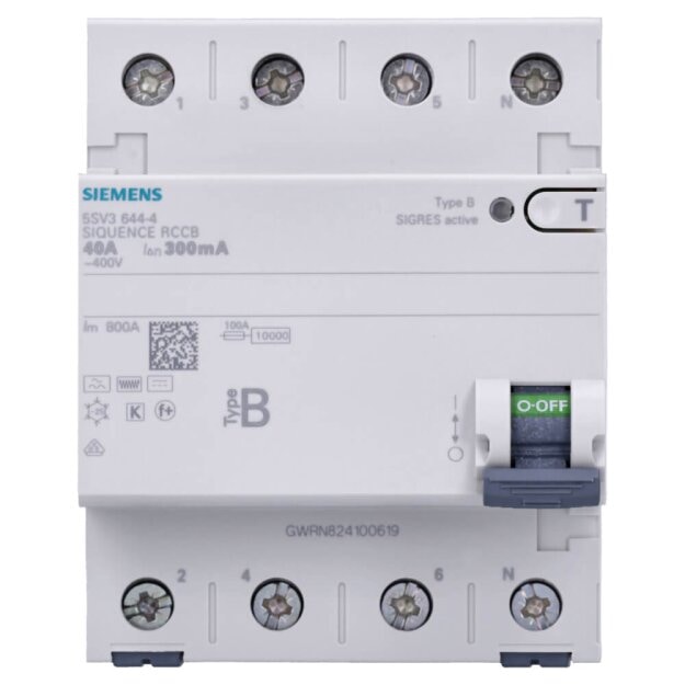 Siemens 5SV3644-4 FI-Schutzschalter Typ B 40A 3+N-pol. 300mA 400V 4TE kurzzeitverzögert