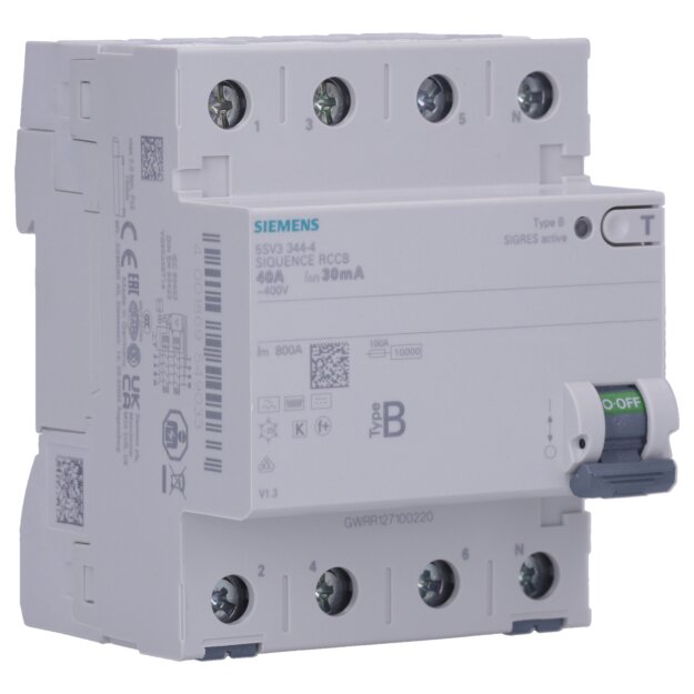 Siemens 5SV3344-4 FI-Schutzschalter Typ B 40A 3+N-pol. 30mA 400V 4TE kurzzeitverzögert