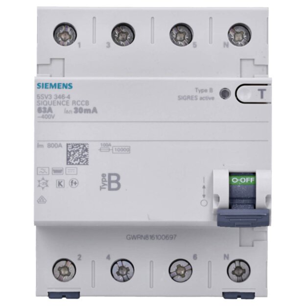 Siemens 5SV3346-4 FI-Schutzschalter Typ B 63A 3+N-pol. 30mA 400V 4TE kurzzeitverzögert