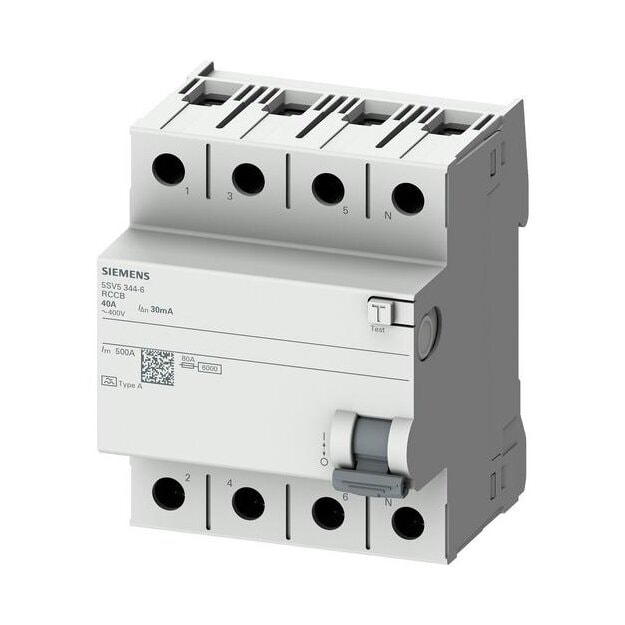 Siemens 5SV5344-6KL FI-Schutzschalter 4-polig Typ A In: 40 A 30 mA Un AC: 400 V