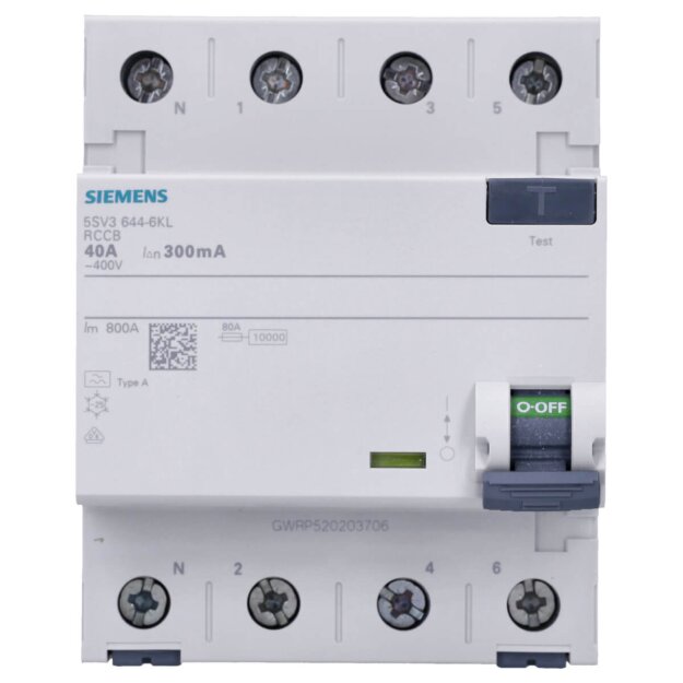 Siemens 5SV3644-6KL FI-Schutzschalter 4-polig Typ A In: 40 A 300 mA Un AC: 400 V