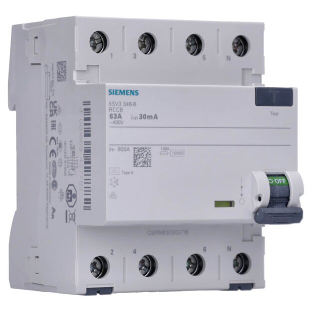 Siemens 5SV3346-6 FI-Schutzschalter 4-polig Typ A In: 63 A 30 mA Un AC: 400 V