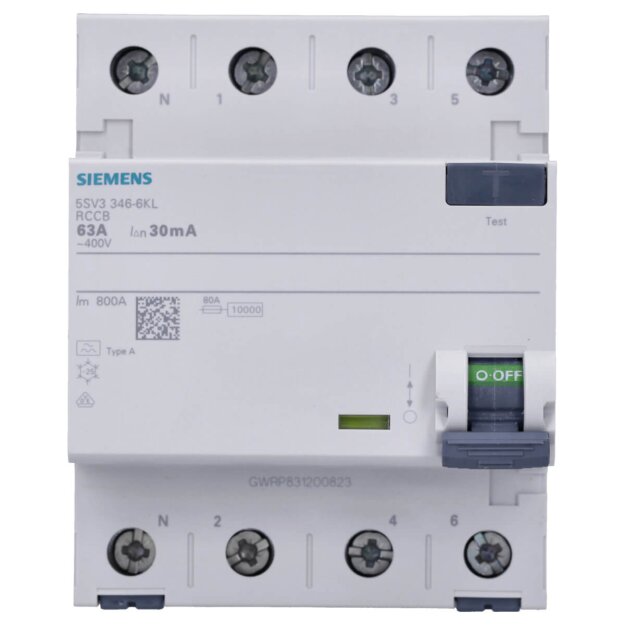 Siemens 5SV3346-6KL FI-Schutzschalter 4-polig Typ A In: 63 A 30 mA Un AC: 400 V