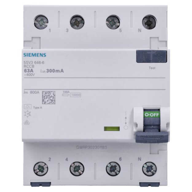 Siemens 5SV3646-6 FI-Schutzschalter 4-polig Typ A In: 63 A 300 mA Un AC: 400 V