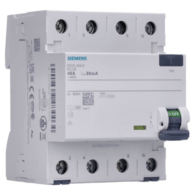 Siemens 5SV3344-3 FI-Schutzschalter 4-polig Typ F kurzzeitverzögert In: 40 A 30 mA Un