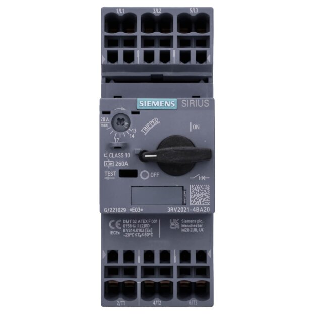 Siemens 3RV2021-4BA20 Leistungsschalter S0 Motorschutz Class 10 A-Auslöser 14-20A N-Auslöser 260A