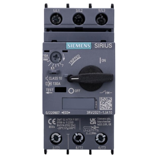 Siemens 3RV2021-1JA10 Leistungsschalter S0 Motorschutz Class 10 A-Auslöser 7-10A N-Auslöser 130A