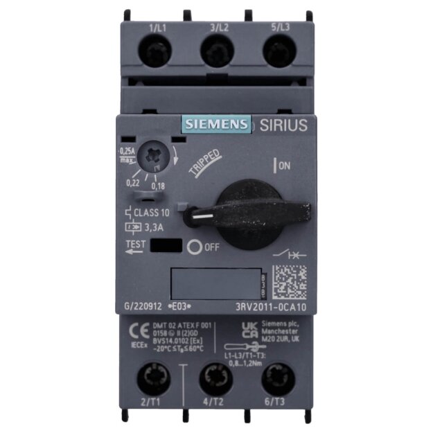 Siemens 3RV2011-0CA10 Leistungsschalter S00 Motorschutz Class 10 A-Auslöser 0,18-0,25A N-Auslöser 3,3A