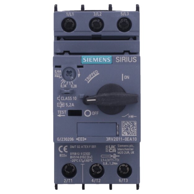 Siemens 3RV2011-0EA10 Leistungsschalter S00 Motorschutz Class 10 A-Auslöser 0,28-0,4A N-Auslöser 5,2A