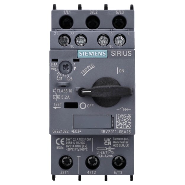 Siemens 3RV2011-0EA15 Leistungsschalter S00 Motorschutz Class 10 A-Auslöser 0,28-0,4A N-Auslöser 5,2A