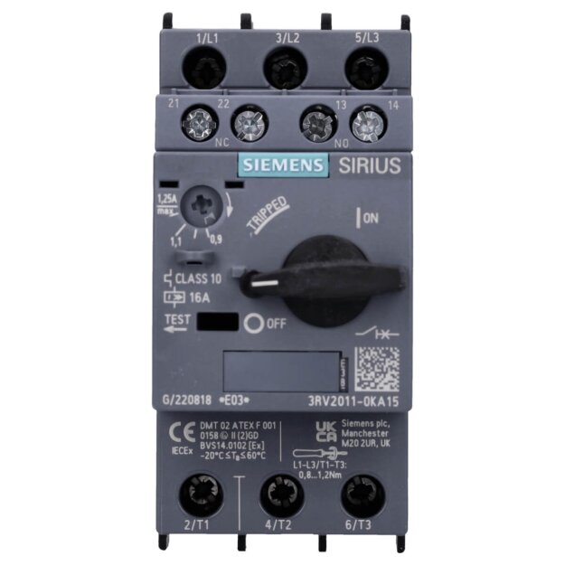 Siemens 3RV2011-0KA15 Leistungsschalter S00 Motorschutz Class 10 A-Auslöser 0,9-1,25A N-Auslöser 16A