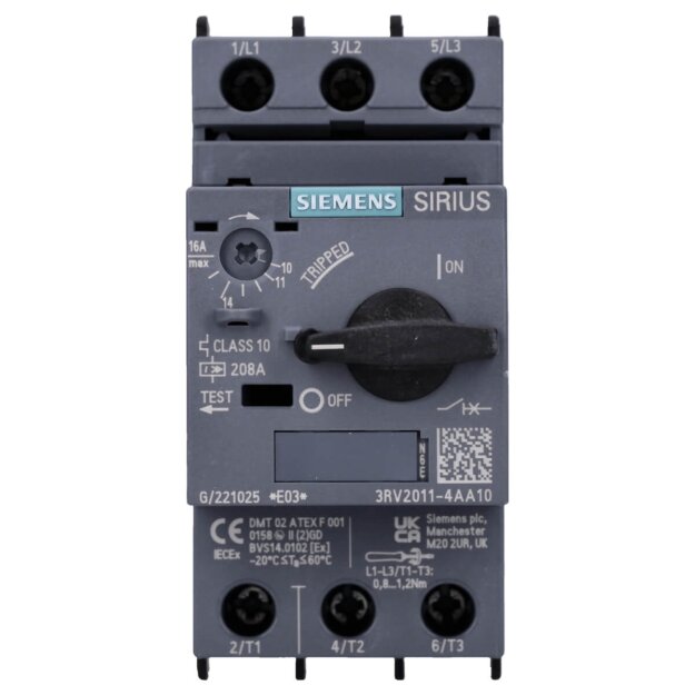 Siemens 3RV2011-4AA10 Leistungsschalter S00 Motorschutz Class 10 A-Auslöser 11-16A N-Auslöser 208A