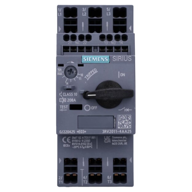 Siemens 3RV2011-4AA25 Leistungsschalter S00 Motorschutz Class 10 A-Auslöser 11-16A N-Auslöser 208A