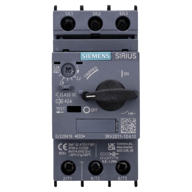 Siemens 3RV2011-1DA10 Leistungsschalter S00 Motorschutz Class 10 A-Auslöser 2,2-3,2A N-Auslöser 42A