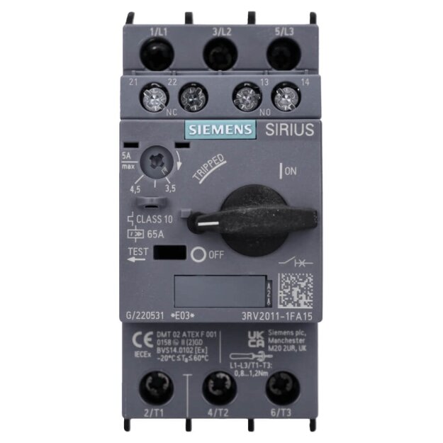 Siemens 3RV2011-1FA15 Leistungsschalter S00 Motorschutz Class 10 A-Auslöser 3,5-5A N-Auslöser 65A