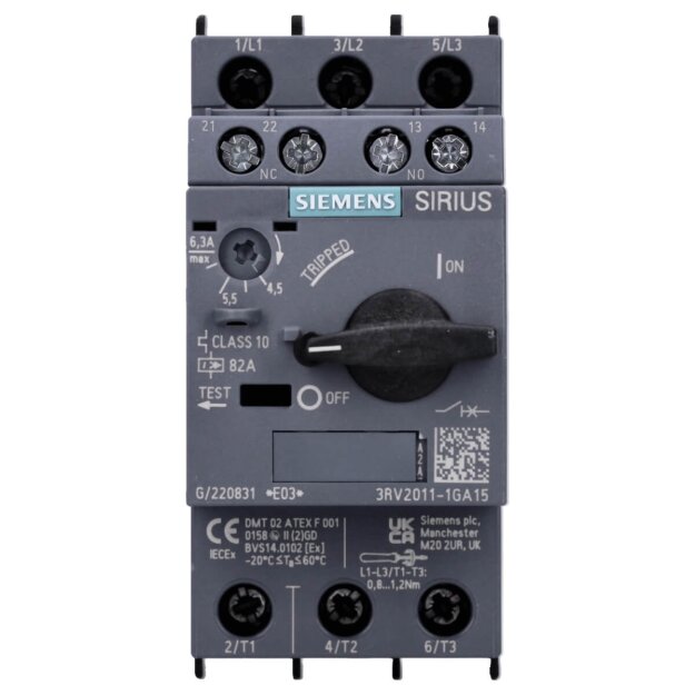 Siemens 3RV2011-1GA15 Leistungsschalter S00 Motorschutz Class 10 A-Auslöser 4,5-6,3A N-Auslöser 82A