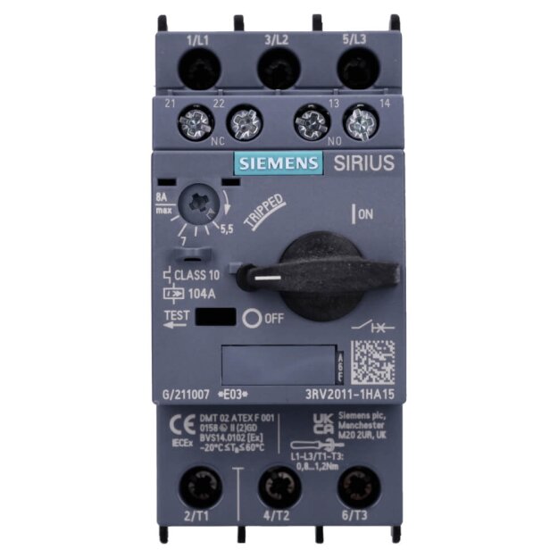 Siemens 3RV2011-1HA15 Leistungsschalter S00 Motorschutz Class 10 A-Auslöser 5,5-8A N-Auslöser 104A