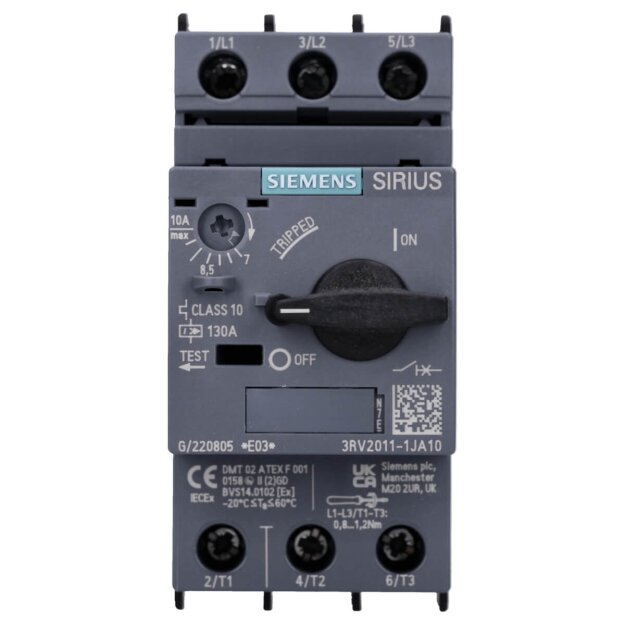 Siemens 3RV2011-1JA10 Leistungsschalter S00 Motorschutz Class 10 A-Auslöser 7-10A N-Auslöser 130A