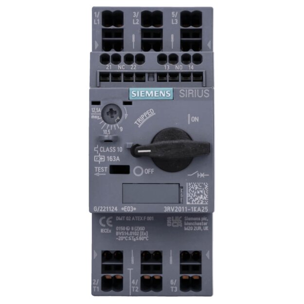 Siemens 3RV2011-1KA25 Leistungsschalter S00 Motorschutz Class 10 A-Auslöser 9-12,5A N-Auslöser 163A