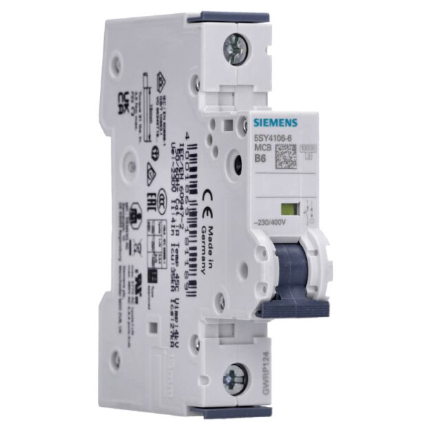 Siemens 5SY4106-6 Leitungsschutzschalter 230/400 V Icn: 10 kA 1P Icu: 35 kA B-Char In: 6 A