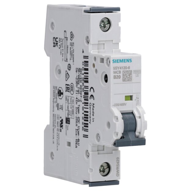 Siemens 5SY4120-6 Leitungsschutzschalter 230/400 V Icn: 10 kA 1P Icu: 20 kA B-Char In: 20 A
