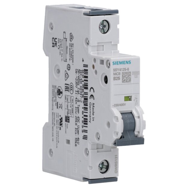 Siemens 5SY4125-6 Leitungsschutzschalter 230/400 V Icn: 10 kA 1P Icu: 20 kA B-Char In: 25 A