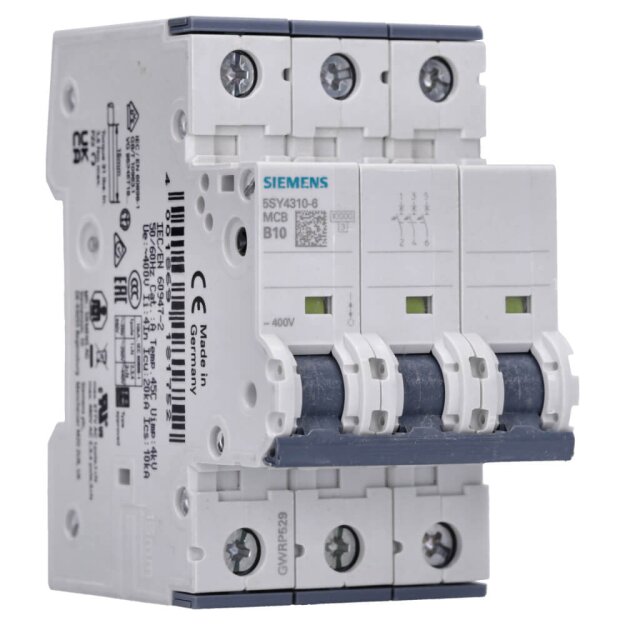 Siemens 5SY4310-6 Leitungsschutzschalter 400 V Icn: 10 kA 3P Icu: 20 kA B-Char In: 10 A