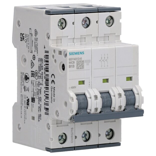 Siemens 5SY4313-6 Leitungsschutzschalter 400 V Icn: 10 kA 3P Icu: 20 kA B-Char In: 13 A