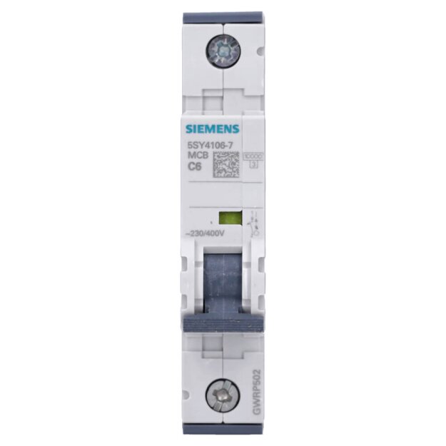 Siemens 5SY4106-7 Leitungsschutzschalter 230/400 V Icn: 10 kA 1P Icu: 35 kA C-Char In: 6 A