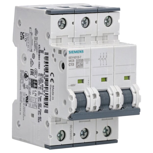 Siemens 5SY4313-7 Leitungsschutzschalter 400 V Icn: 10 kA 3P Icu: 20 kA C-Char In: 13 A