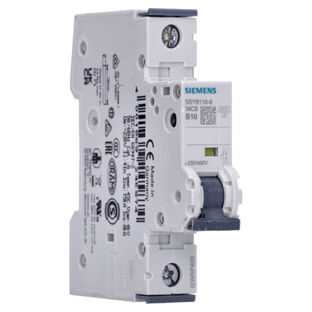 Siemens 5SY6110-6 Leitungsschutzschalter 230/400 V Icn: 6 kA 1P Icu: 15 kA B-Char In: 10 A