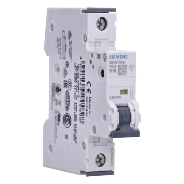 Siemens 5SY6116-6 Leitungsschutzschalter 230/400 V Icn: 6 kA 1P Icu: 15 kA B-Char In: 16 A