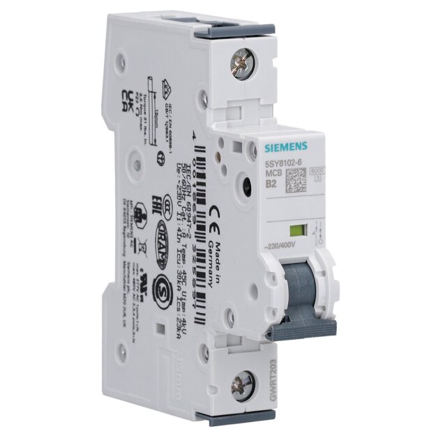 Siemens 5SY6102-6 Leitungsschutzschalter 230/400 V Icn: 6 kA 1P Icu: 30 kA B-Char In: 2 A