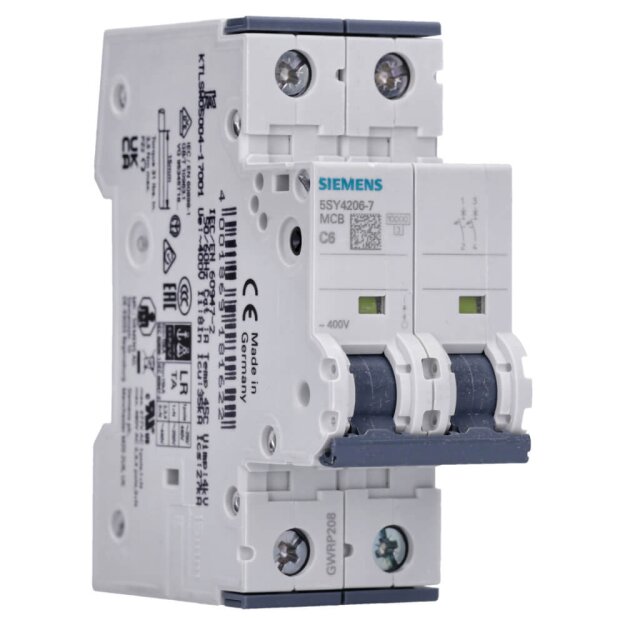 Siemens 5SY4206-7 Leitungsschutzschalter 400 V Icn: 10 kA 2P Icu: 35 kA C-Char In: 6 A