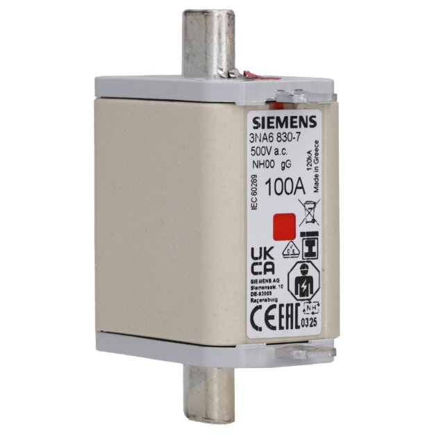 Siemens 3NA6830-7 NH-Sicherungseinsatz NH00 In: 100 A gG Un AC: 500 V Un DC: 250 V