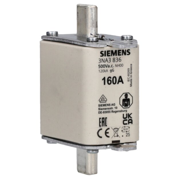 Siemens 3NA3836 NH-Sicherungseinsatz NH00 In: 160 A gG Un AC: 500 V Un DC: 250 V