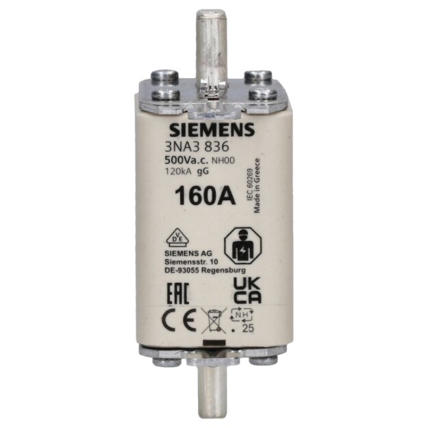 Siemens NH-Sicherung 3NA3836 – 160A, Größe 00, Für 500V/250V AC