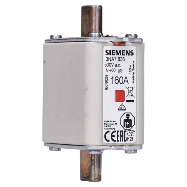 Siemens 3NA7836 NH-Sicherungseinsatz NH00 In: 160 A gG Un AC: 500 V Un DC: 250 V