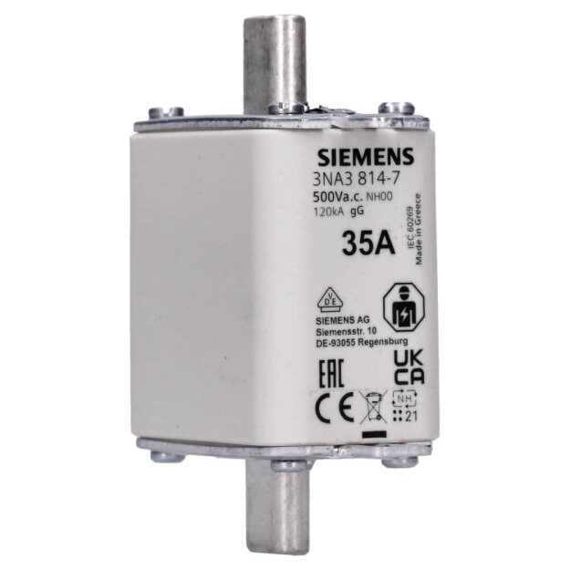 Siemens 3NA3814-7 NH-Sicherungseinsatz NH00 In: 35 A gG Un AC: 500 V Un DC: 250 V