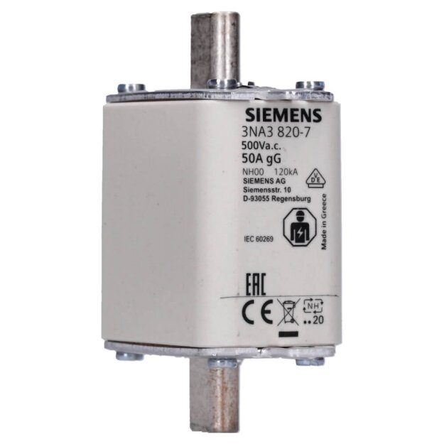 Siemens 3NA3820-7 NH-Sicherungseinsatz NH00 In: 50 A gG Un AC: 500 V Un DC: 250 V