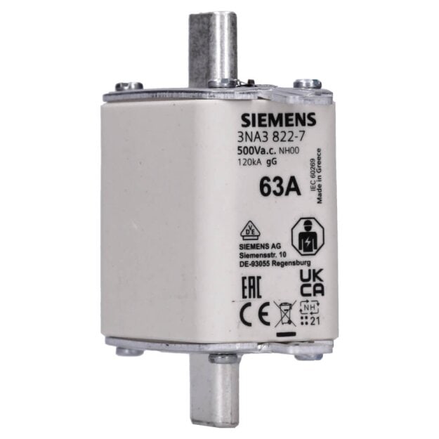 Siemens 3NA3822-7 NH-Sicherungseinsatz NH00 In: 63 A gG Un AC: 500 V Un DC: 250 V