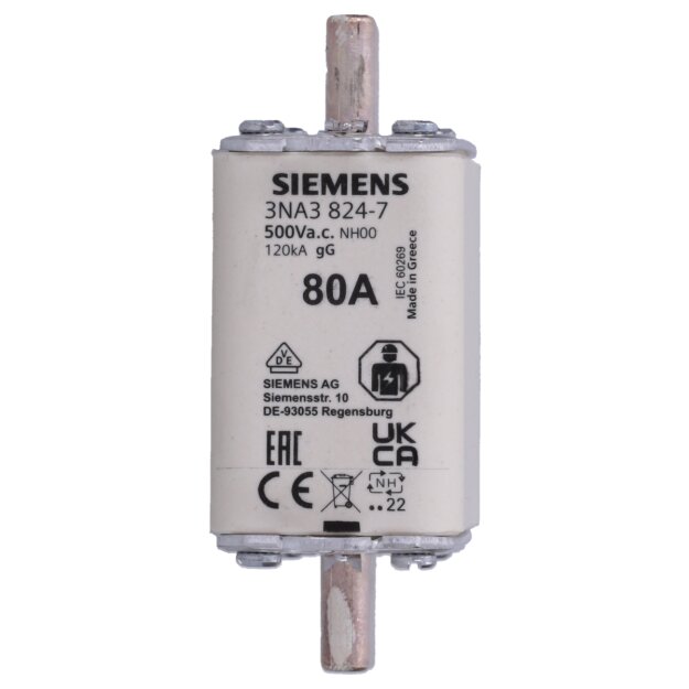 Siemens 3NA3824-7 NH-Sicherungseinsatz NH00 In: 80 A gG Un AC: 500 V Un DC: 250 V