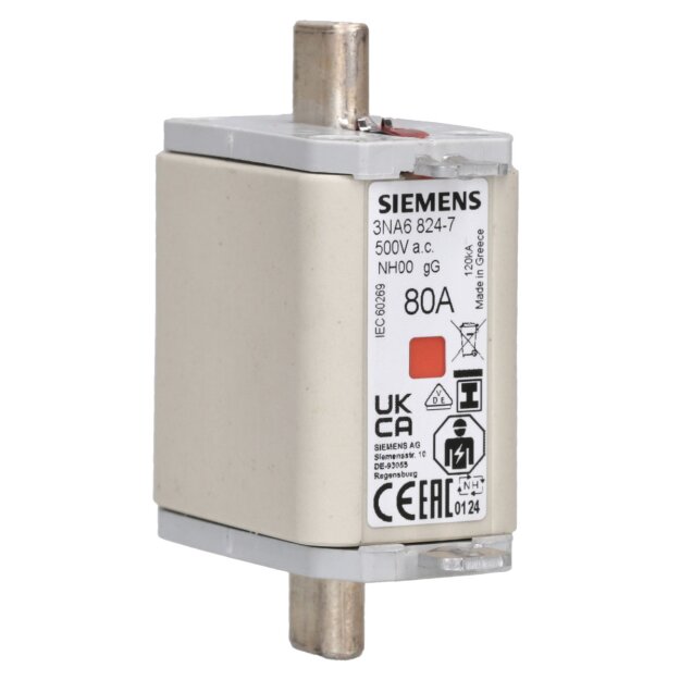 Siemens 3NA6824-7 NH-Sicherungseinsatz NH00 In: 80 A gG Un AC: 500 V Un DC: 250 V