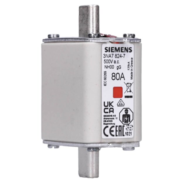 Siemens 3NA7824-7 NH-Sicherungseinsatz NH00 In: 80 A gG Un AC: 500 V Un DC: 250 V